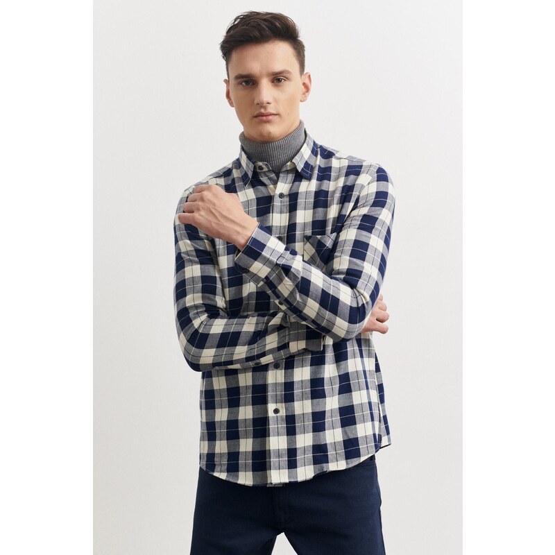 AC&Co / Altınyıldız Classics Men's Navy Blue-Beige Slim Fit Slim Fit Buttoned Collar 100% Cotton Check Lumberjack Shirt.