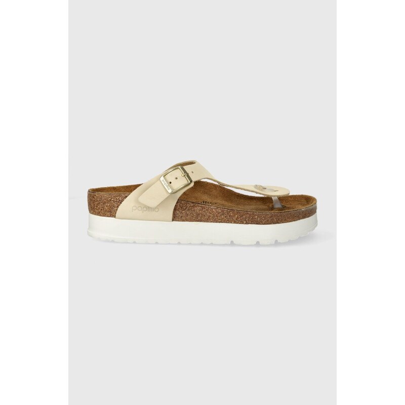 Kožené žabky Birkenstock X PAPILLIO Gizeh Platform Flex dámské, béžová barva, na plochém podpatku, 1026899