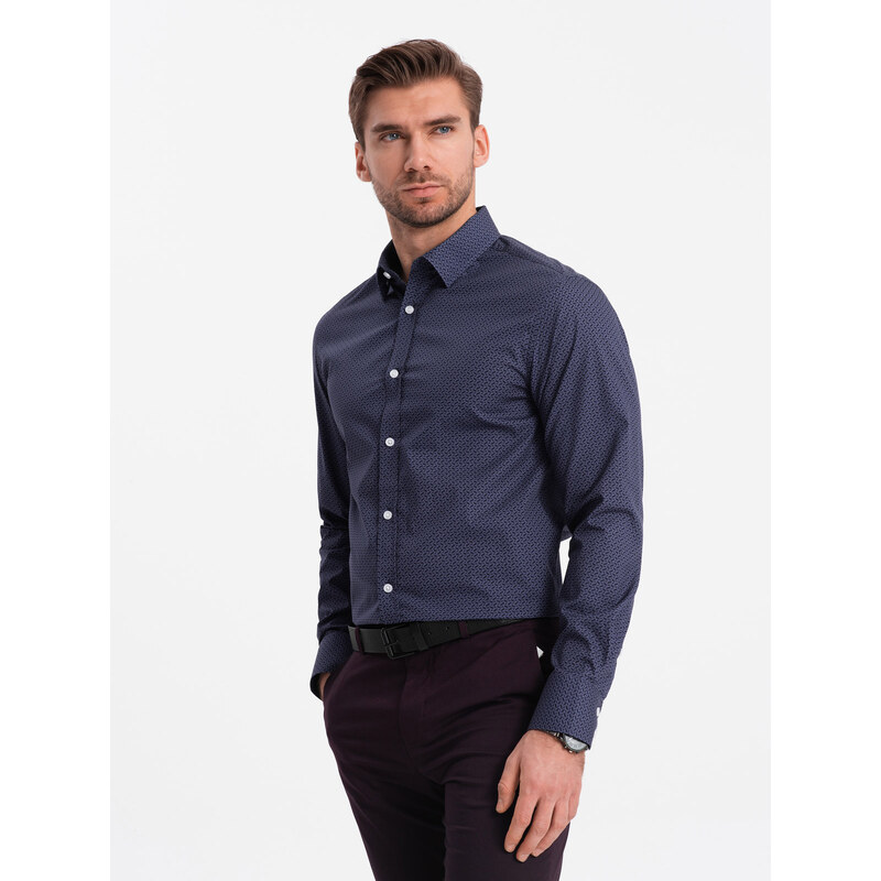 Ombre Clothing Pánská bavlněná vzorovaná košile SLIM FIT - tmavě modrá V6 OM-SHCS-0151