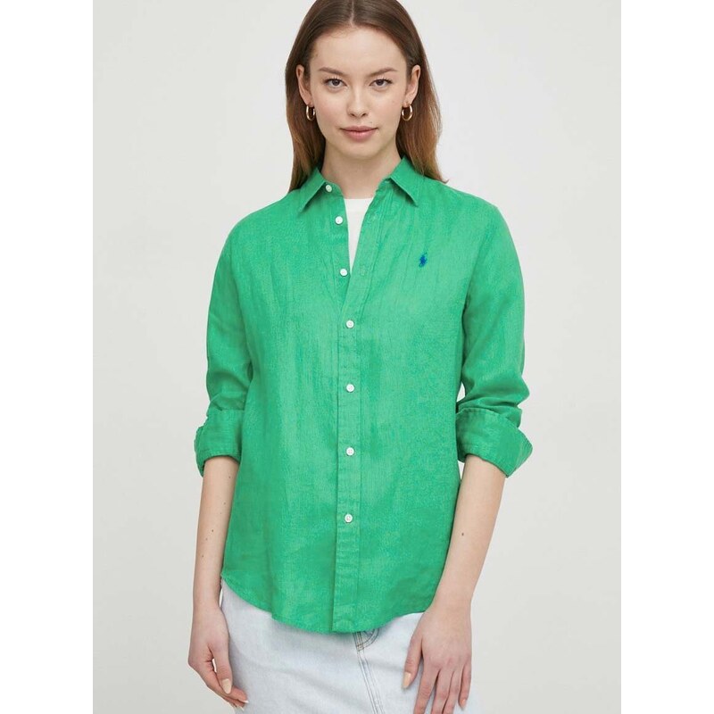 Lněná košile Polo Ralph Lauren zelená barva, regular, s klasickým límcem