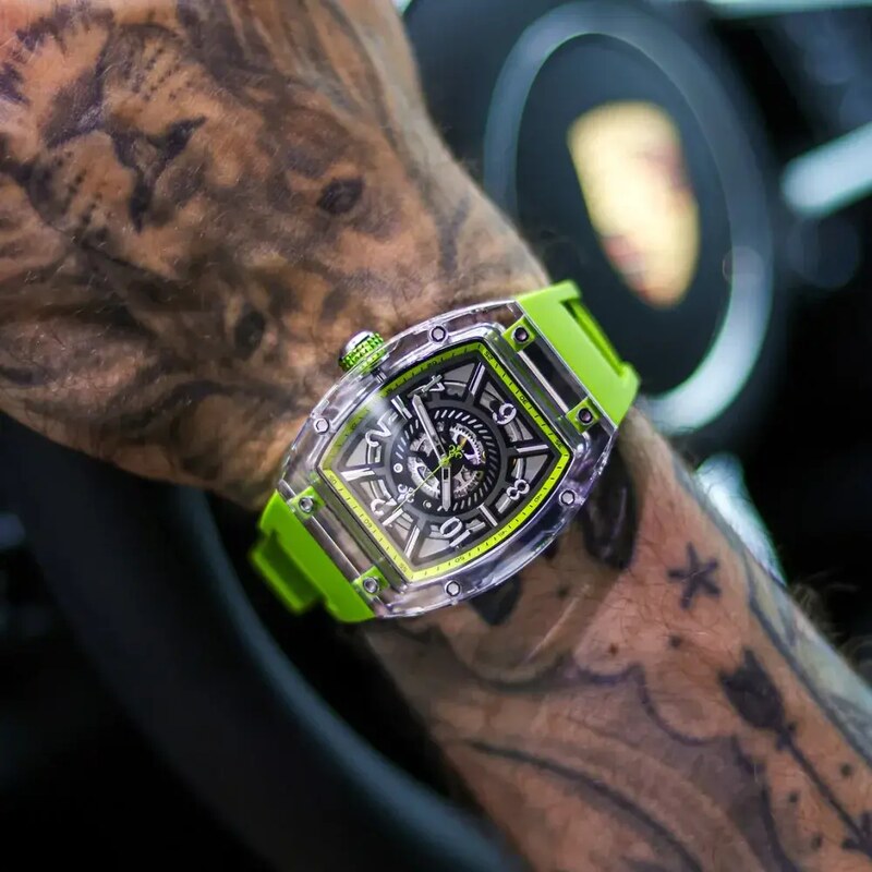 Ralph Christian Watches Stříbrné pánské hodinky Ralph Christian s gumovým páskem The Ghost - Acid Green Automatic 43MM