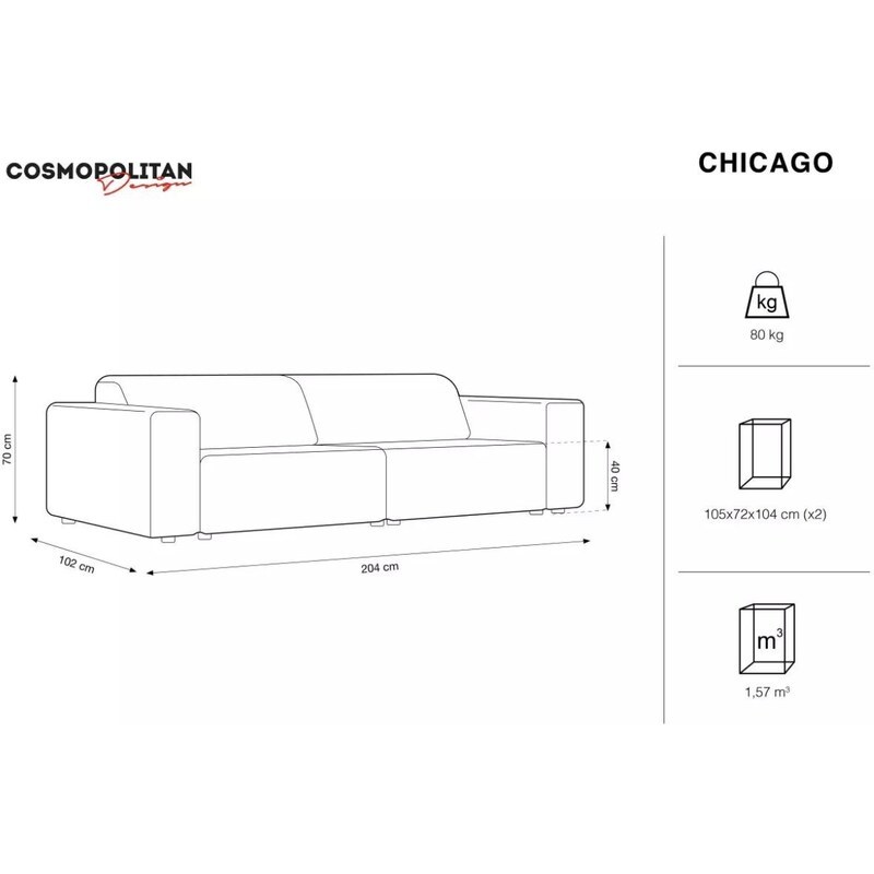 Světle béžová čalouněná třímístná pohovka Cosmopolitan Design Chicago 204 cm