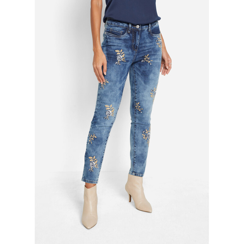 bonprix Džíny Slim Fit s květinovou výšivkou modrá Žena