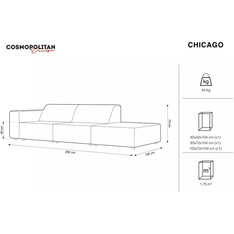 Světle béžová čalouněná třímístná pohovka Cosmopolitan Design Chicago 262 cm, levá