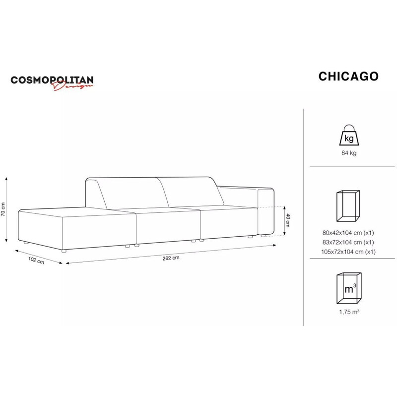Béžová čalouněná třímístná pohovka Cosmopolitan Design Chicago 262 cm, pravá