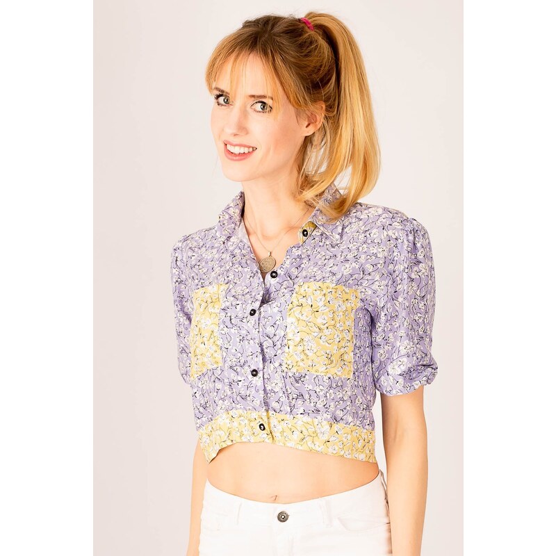 armonika Women's Lilac Crop Shirt with Elastic Sleeves, Pocket, Back Detail