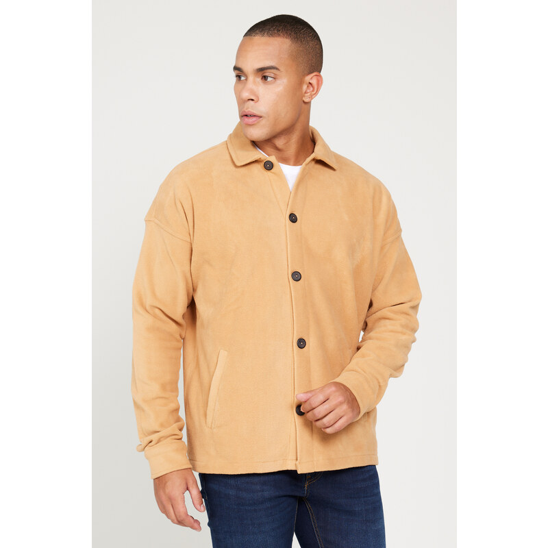 AC&Co / Altınyıldız Classics Men's Caramel Oversize Loose Fit Classic Collar Anti-Pilling Winter Comfortable Fleece Shirt.