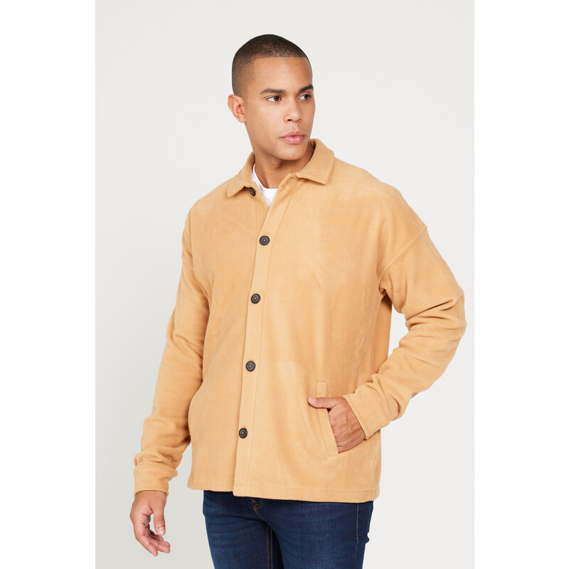 AC&Co / Altınyıldız Classics Men's Caramel Oversize Loose Fit Classic Collar Anti-Pilling Winter Comfortable Fleece Shirt.