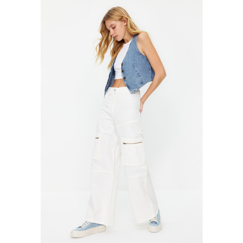 Trendyol White Zipper Detail High Waist Wide Leg Jeans