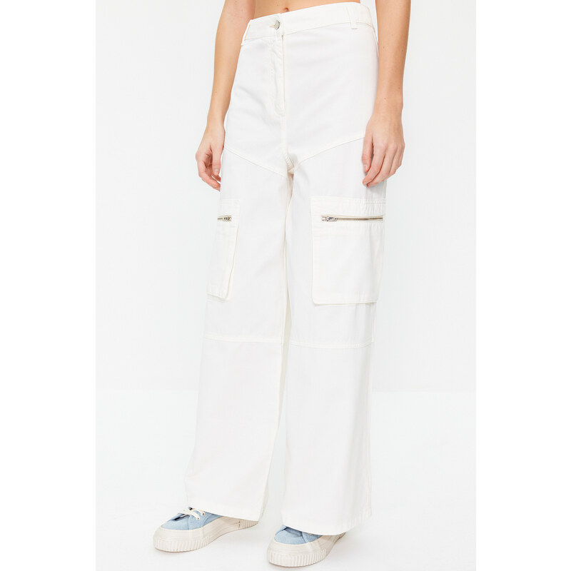 Trendyol White Zipper Detail High Waist Wide Leg Jeans