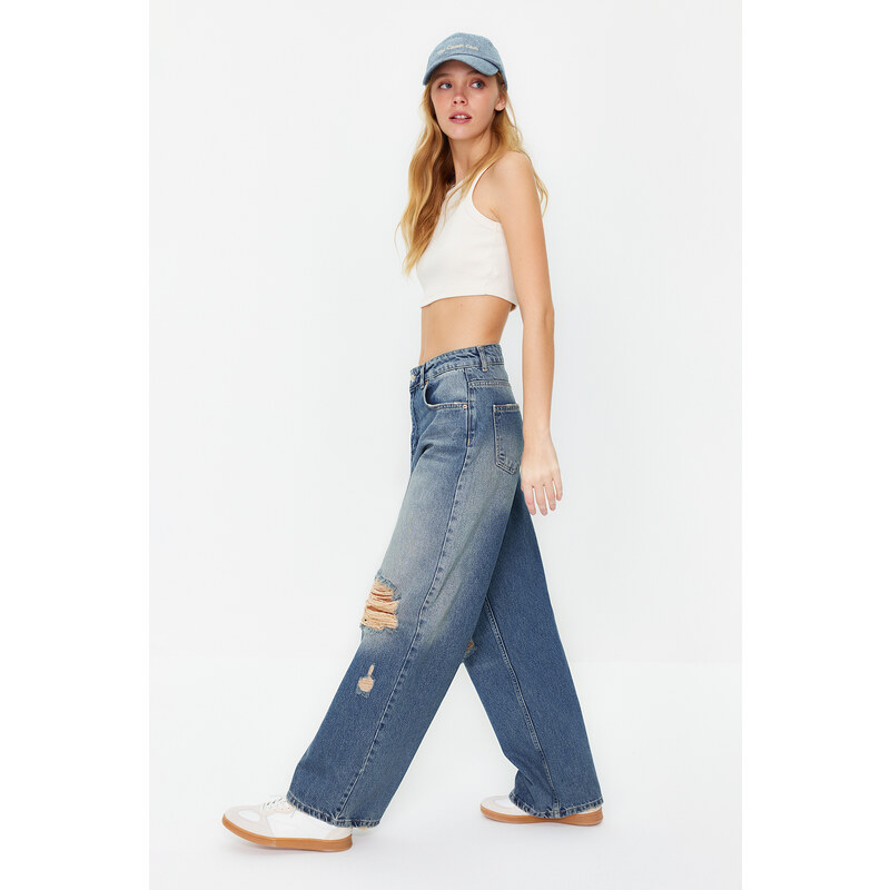 Trendyol Blue Pale Effect Vintage Ripped High Waist Wide Leg Jeans