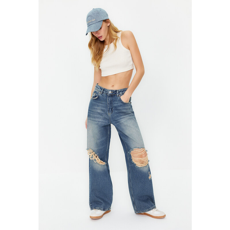 Trendyol Blue Pale Effect Vintage Ripped High Waist Wide Leg Jeans