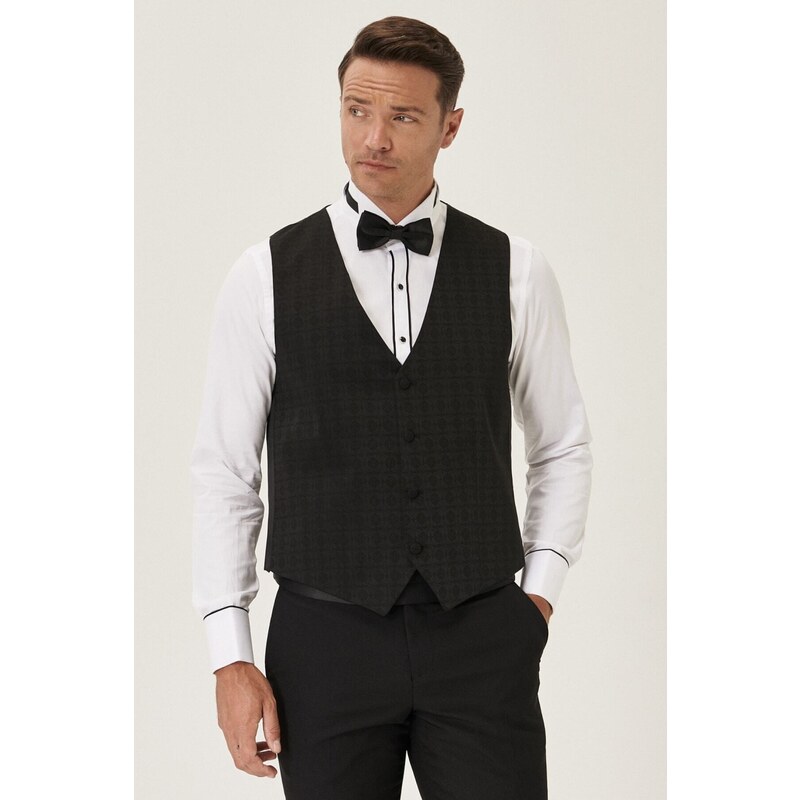 ALTINYILDIZ CLASSICS Men's Black Extra Slim Fit Slim Fit Vest Patterned Tuxedo Tuxedo