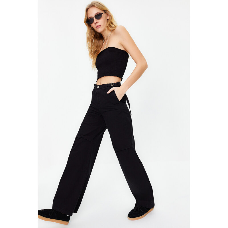 Trendyol Black Waist Detailed Normal Waist Wide Leg Jeans