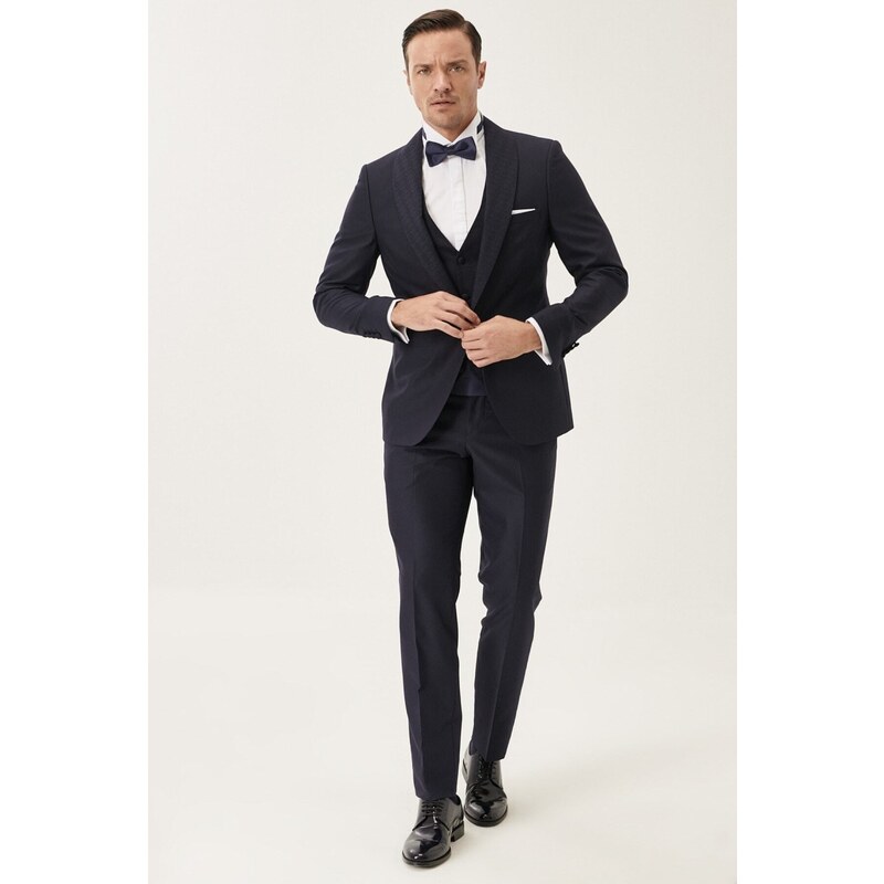 ALTINYILDIZ CLASSICS Men's Navy Blue Extra Slim Fit Slim Fit Vest Patterned Tuxedo Tuxedo