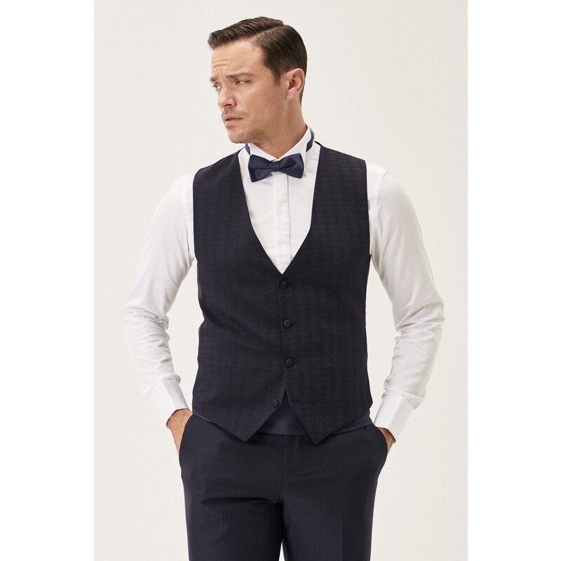 ALTINYILDIZ CLASSICS Men's Navy Blue Extra Slim Fit Slim Fit Vest Patterned Tuxedo Tuxedo