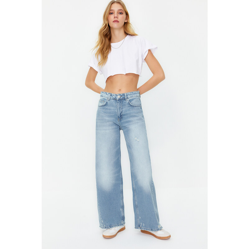 Trendyol Blue Stitching Detailed Normal Waist Extra Wide Leg Jeans