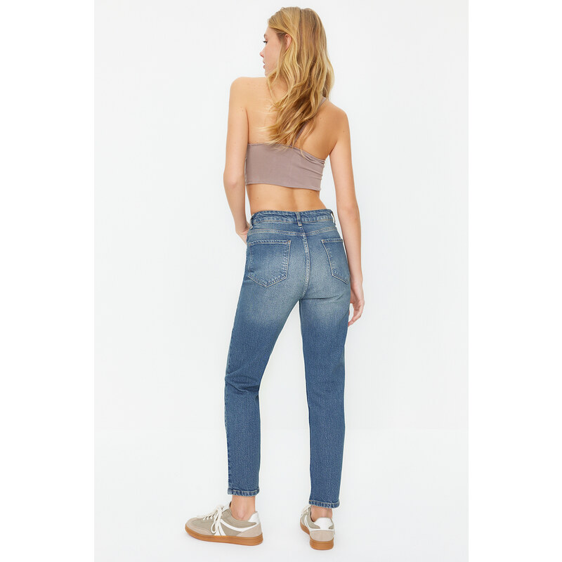 Trendyol Blue Faded Effect Vintage High Waist Slim Mom Jeans