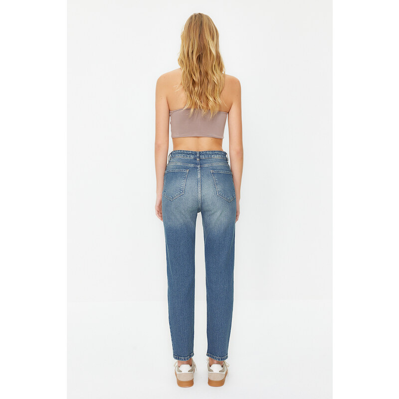 Trendyol Blue Faded Effect Vintage High Waist Slim Mom Jeans