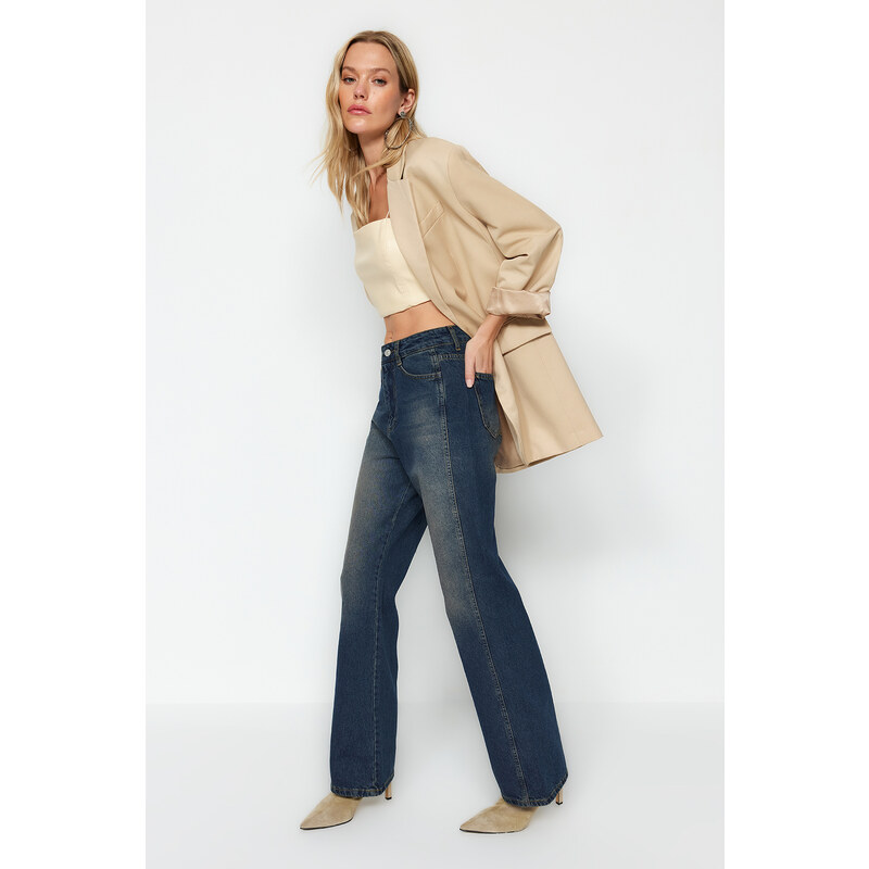 Trendyol Dark Blue High Waist Wide Leg Jeans