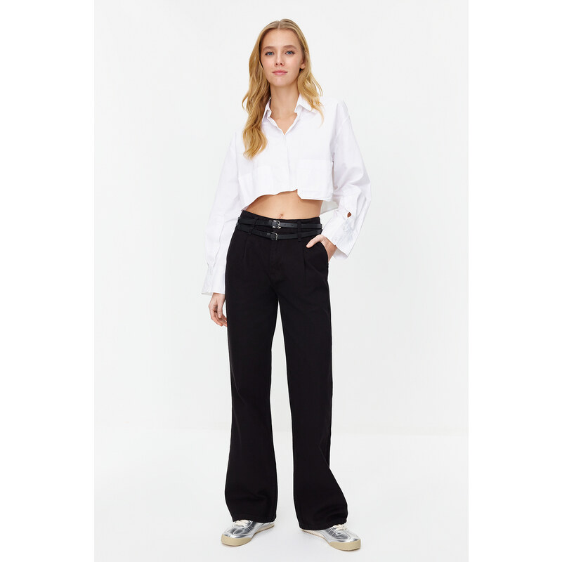 Trendyol Black Belt Detailed High Waist Wide Leg Jeans