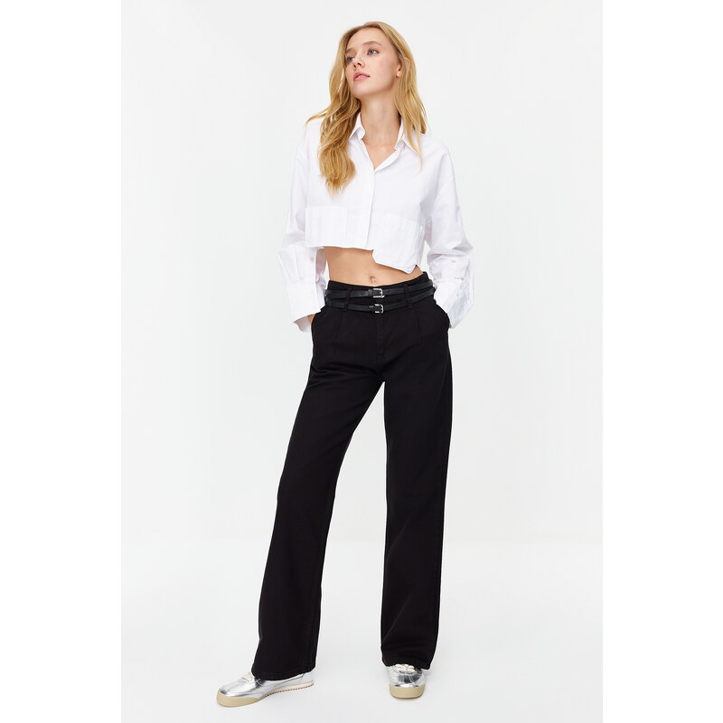 Trendyol Black Belt Detailed High Waist Wide Leg Jeans