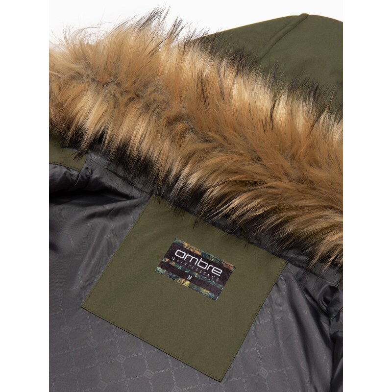 Ombre Alaskan men's winter jacket with detachable fur from the hood - dark olive green