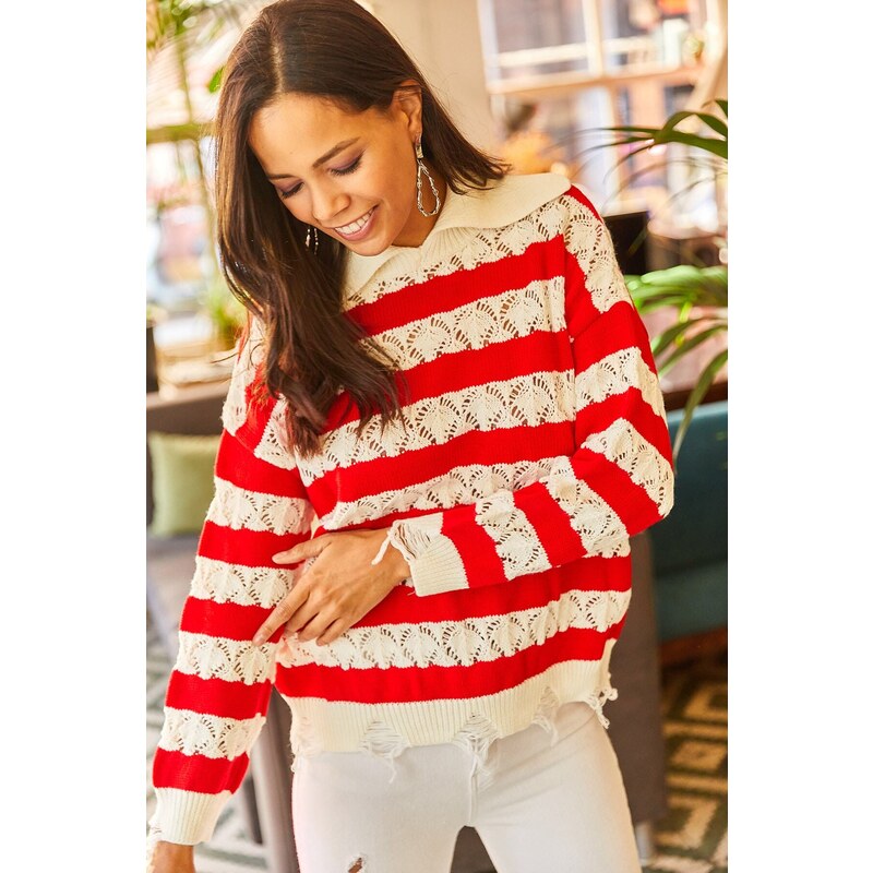 Olalook Women's Red Collar Detailed Knitwear Blouse with Rips and Openwork