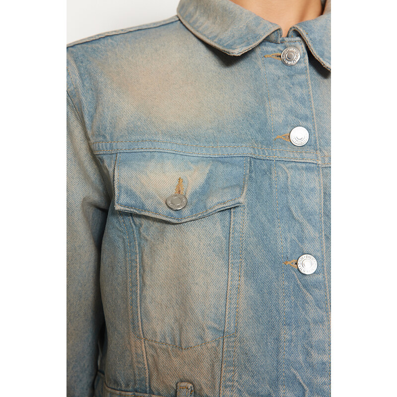 Trendyol Blue Faded Effect Vintage Oversize Crop Denim Jacket