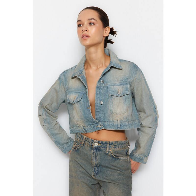 Trendyol Blue Faded Effect Vintage Oversize Crop Denim Jacket