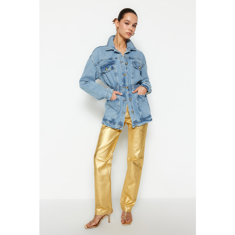 Trendyol Light Blue Elastic Waist Gold Button Detailed Oversize Long Denim Jacket