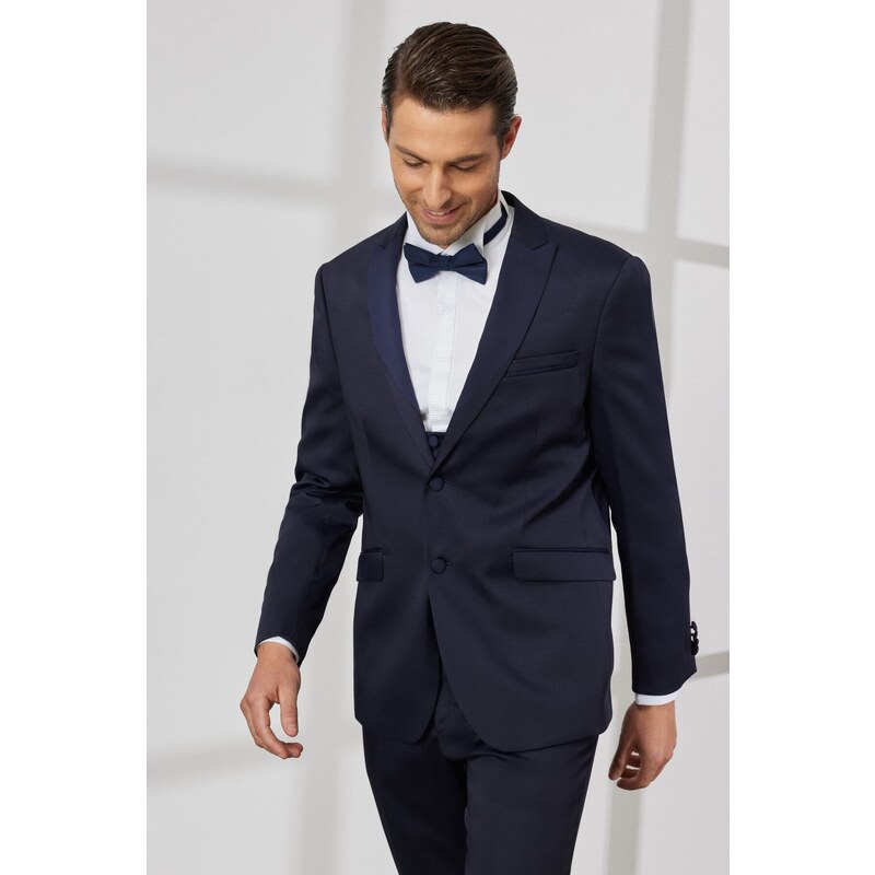 ALTINYILDIZ CLASSICS Men's Navy Blue Slim Fit Slim Fit Swallowtail Collar Dobby Vest Tuxedo Suit