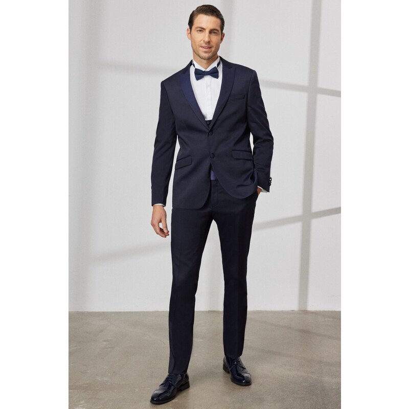 ALTINYILDIZ CLASSICS Men's Navy Blue Slim Fit Slim Fit Swallowtail Collar Dobby Vest Tuxedo Suit