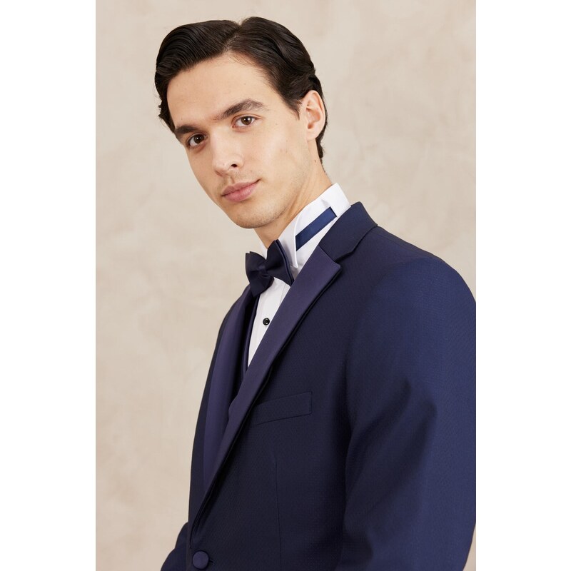 ALTINYILDIZ CLASSICS Men's Navy Blue Slim Fit Slim Fit Monocollar Patterned Vest Tuxedo Suit.