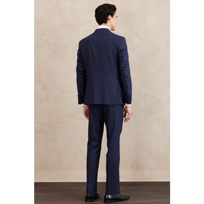 ALTINYILDIZ CLASSICS Men's Navy Blue Slim Fit Slim Fit Monocollar Patterned Vest Tuxedo Suit.