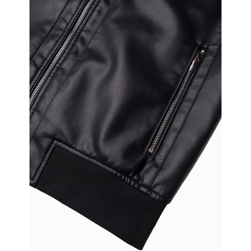 Ombre Clothing Pánská bunda z umělé kůže s žebrovaným lemem - černá V2 OM-JAFL-0109