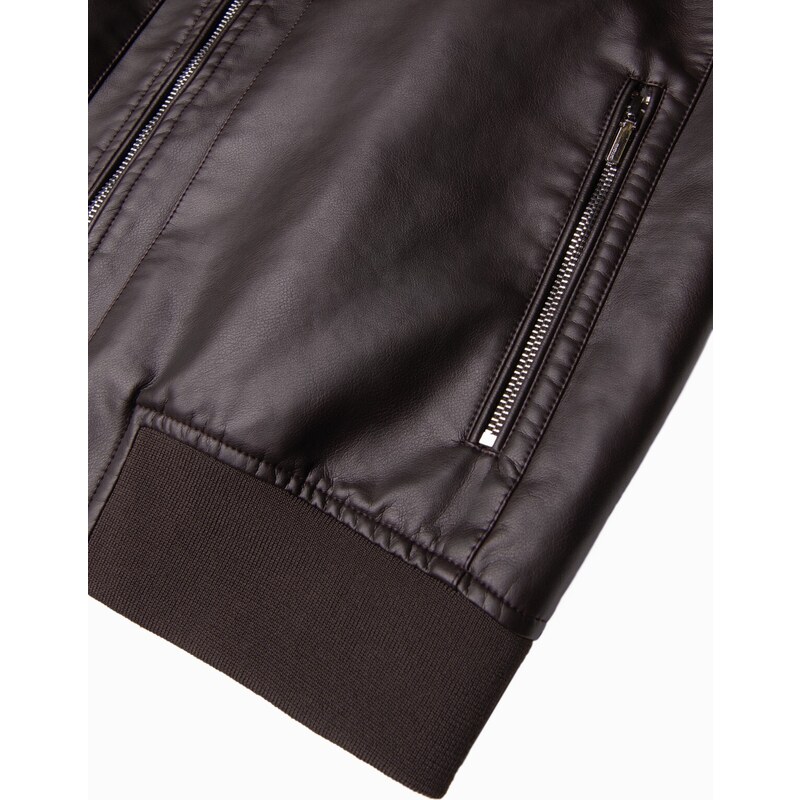 Ombre Clothing Pánská koženková bunda s žebrovaným lemem - tmavě hnědá V1 OM-JAFL-0109
