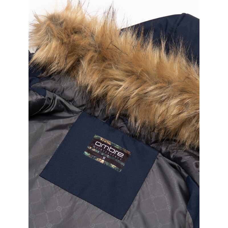 Ombre Alaskan men's winter jacket with detachable fur from the hood - navy blue