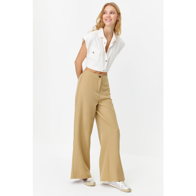 Trendyol Beige Wide Leg Woven Trousers with Side Buttons