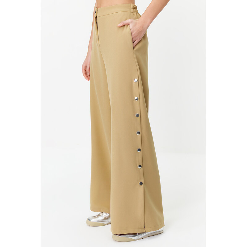 Trendyol Beige Wide Leg Woven Trousers with Side Buttons