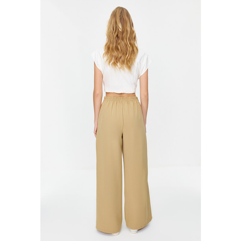 Trendyol Beige Wide Leg Woven Trousers with Side Buttons