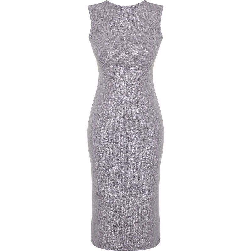 Trendyol Gray Leafy/Shiny Backless Bodycone/Fitting Midi Stretchy Knitted Dress