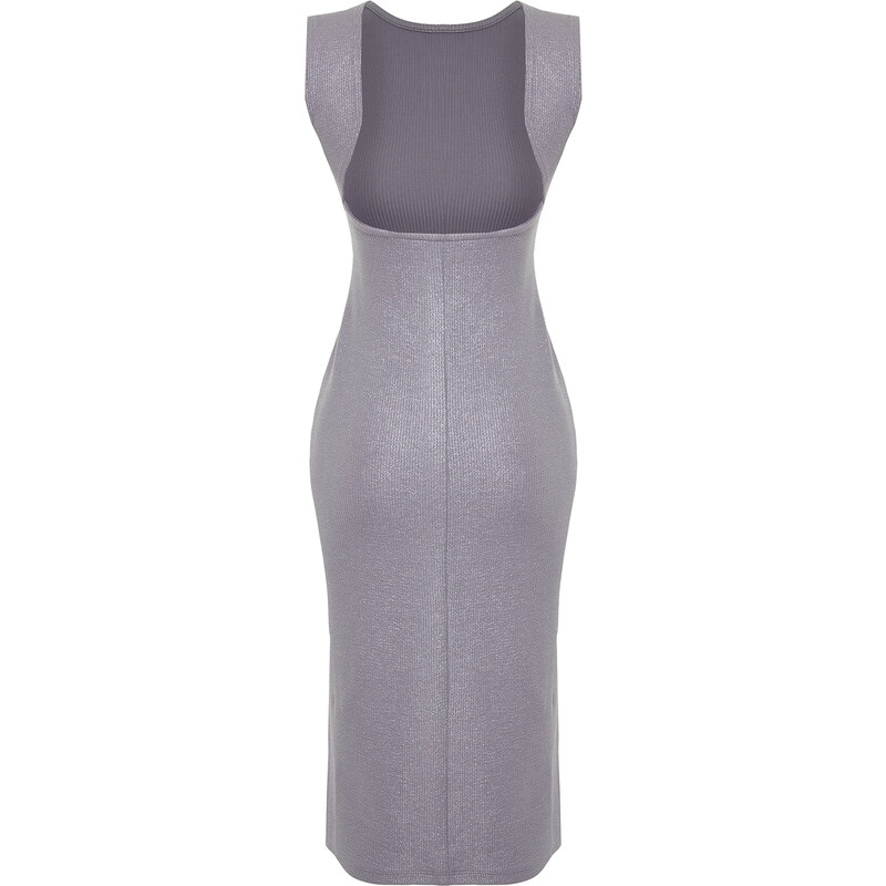 Trendyol Gray Leafy/Shiny Backless Bodycone/Fitting Midi Stretchy Knitted Dress