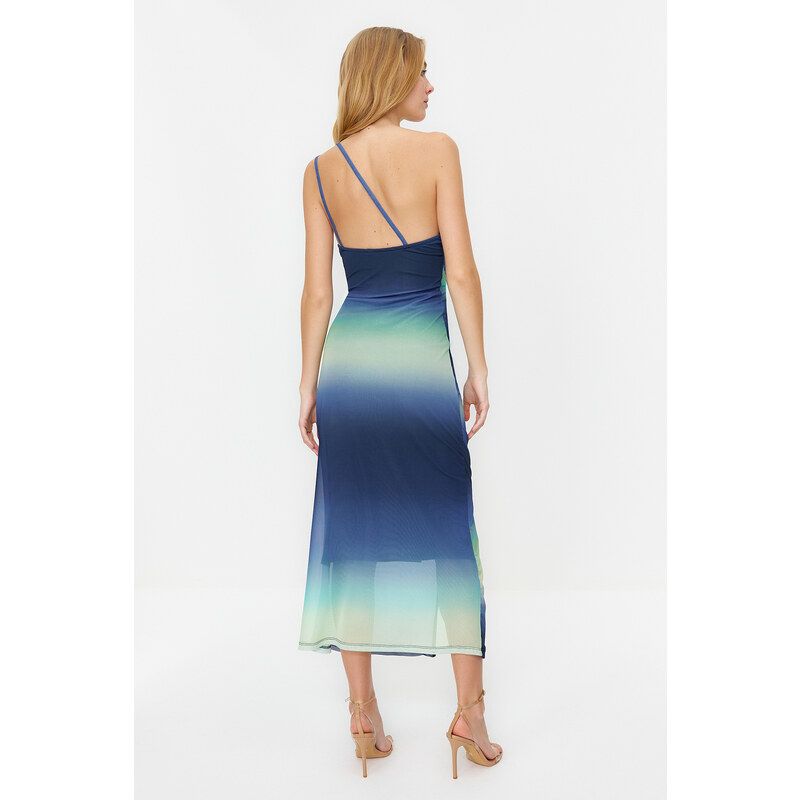 Trendyol Blue Gradient Transition Body-Shouldered Gathered Maxi Stretch Knit Dress