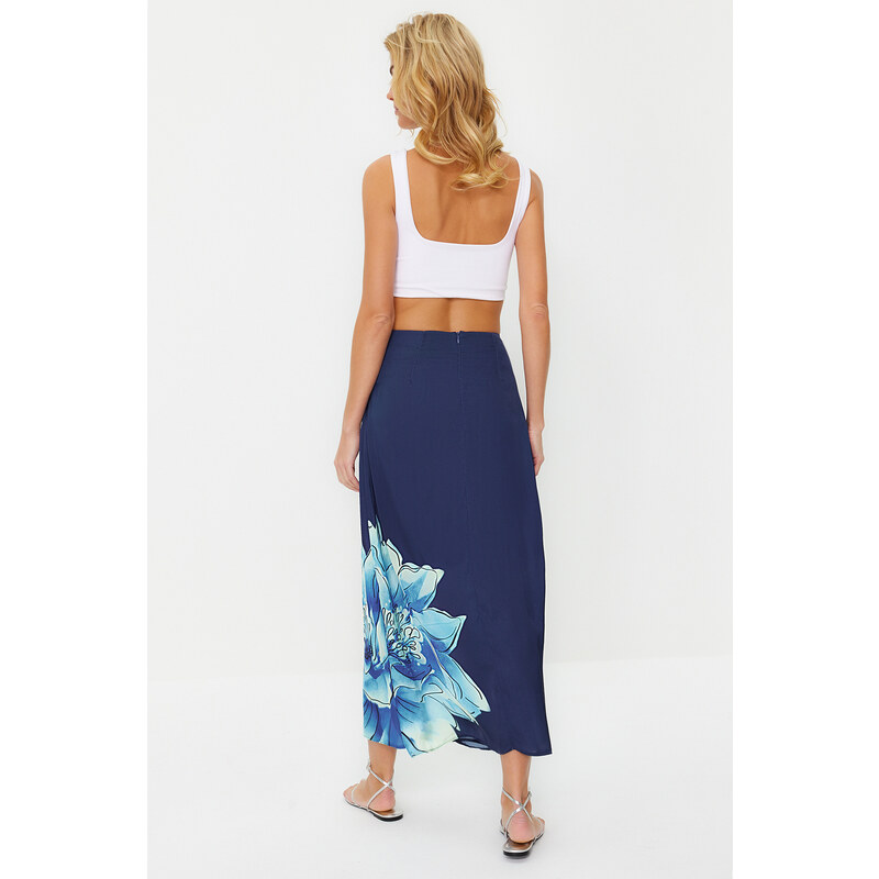 Trendyol Navy Blue Floral Satin Maxi Length Woven Skirt