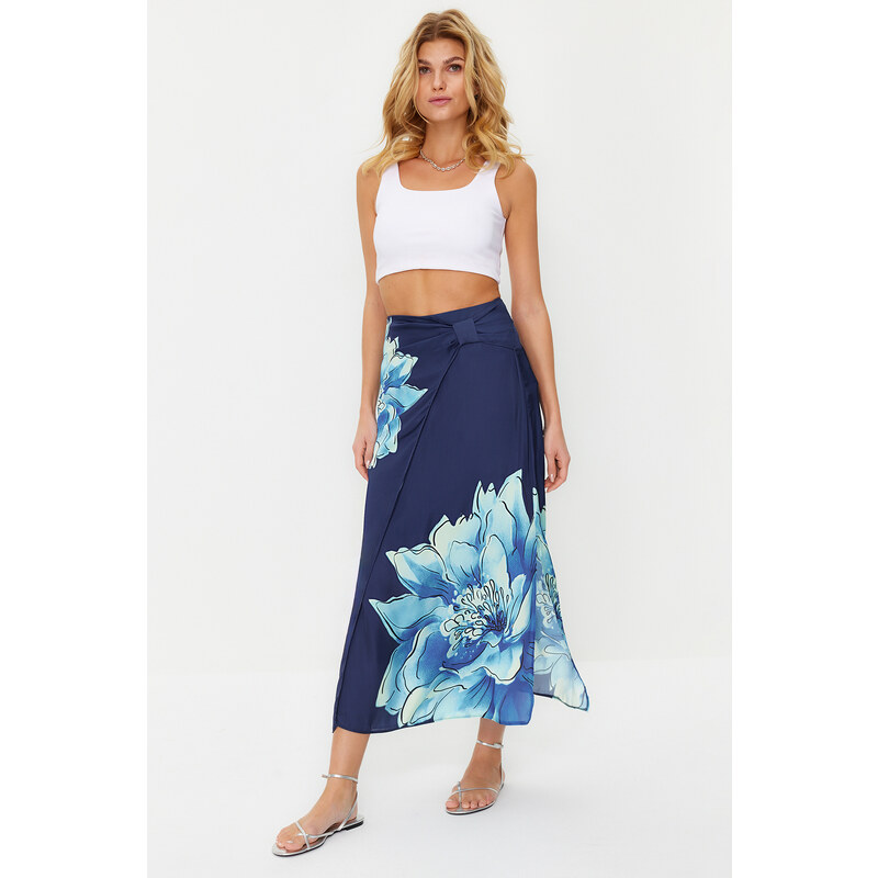 Trendyol Navy Blue Floral Satin Maxi Length Woven Skirt