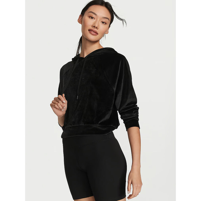 Victoria's Secret černá velurová mikina Ribbed Velour Pullover Hoodie