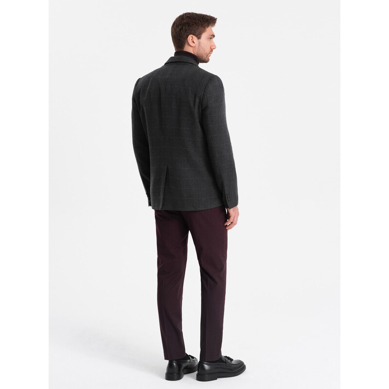 Ombre Clothing Pánské žakárové sako s jemným károvaným vzorem - černé V2 OM-BLZB-0119