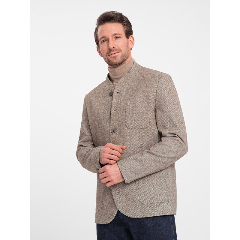 Ombre Clothing Pánské stylové sako bez klop - světle hnědé V2 OM-BLZB-0124