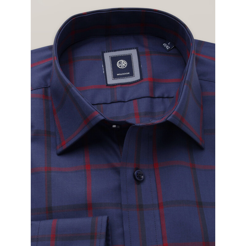 Willsoor Pánská košile slim fit tmavě modrá s červeným kostkovaným vzorem 16219